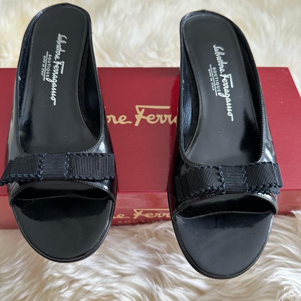 Salvatore Ferragamo Black Patent Leather Mules